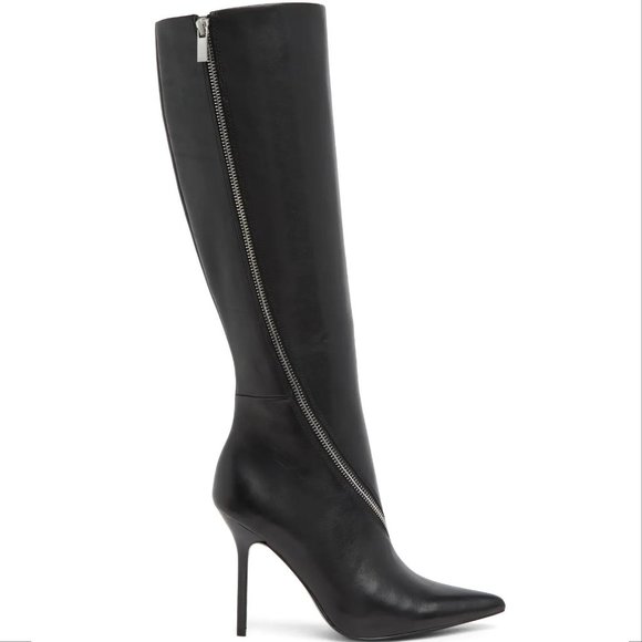 REISS Hoxton Leather Knee High Heels BOOTS US 38 7 Black Point Toe Zip NEW - Picture 4 of 14